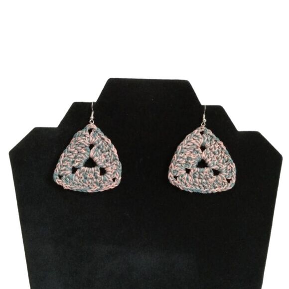 Handmade Blue & Pink Triangle Shaped Embroidery Floss Crochet Dangle Earrings - Picture 1 of 11